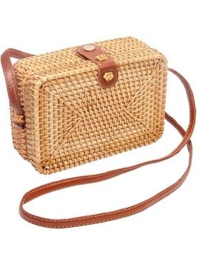Woven Straw Crossbody with Brown  Vegan Leather Strap